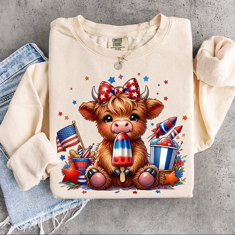 Cute 4th of July Highland Cow Shirt - Patriotic Baby Cow with Popsicle & Bow Graphic Tee - Red White and Blue Summer Outfit