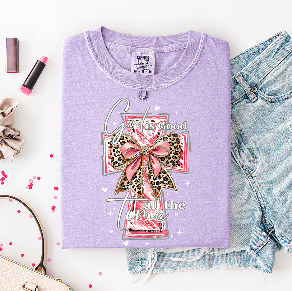 God is Good All The Time | Pink Leopard & Faux Rhinestone Cross Tee