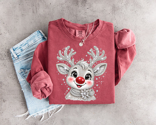 Sparkly Rudolph Christmas reindeer DTF transfer with red nose silver antlers faux rhinestone details and snowflakes