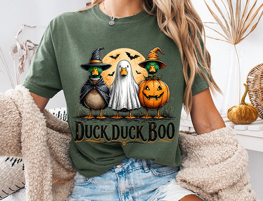 Duck Duck Boo Halloween DTF transfer with three ducks dressed as witches ghost and jack-o-lantern