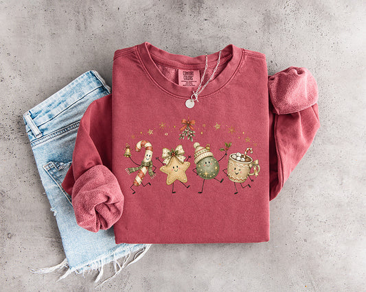 Vintage Christmas treats DTF transfer with candy cane star ornament and hot cocoa characters in warm holiday colors