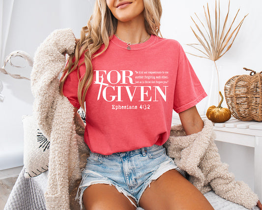 Forgiven Ephesians 4:32 Christian DTF transfer with white typography and Bible verse design on a red shirt