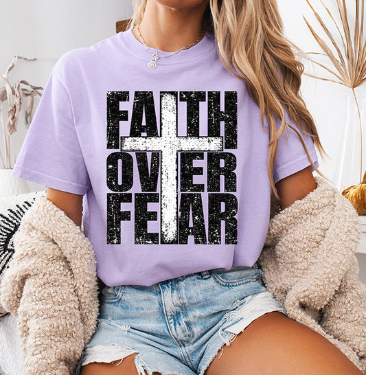 Faith Over Fear Christian DTF transfer with bold distressed black typography and cross design