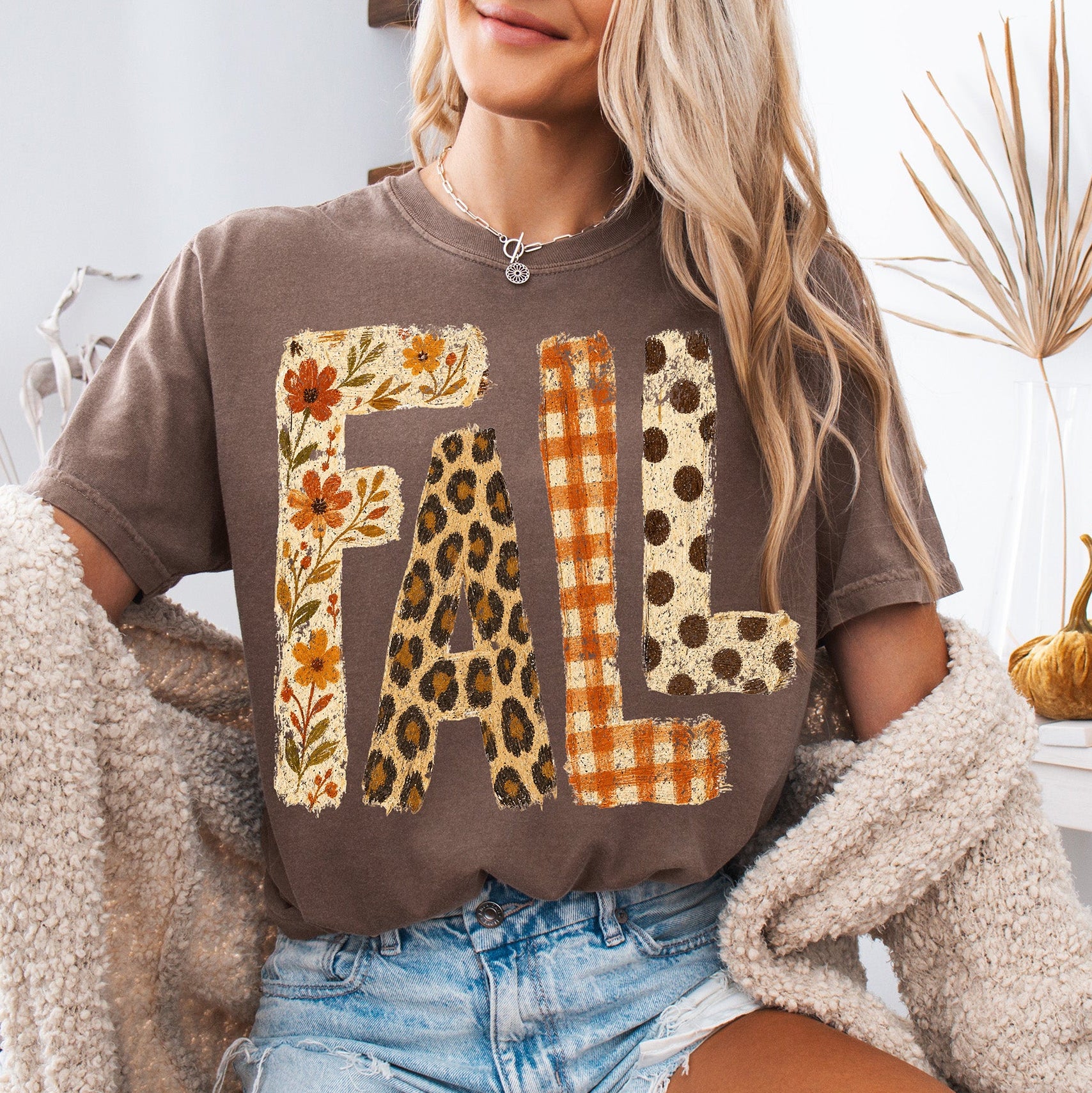 FALL DTF transfer with autumn flowers leopard print orange plaid and polka dot design