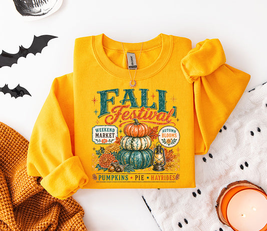 Vintage Fall Festival pumpkin DTF transfer with stacked pumpkins, autumn flowers, lantern and fall market design
