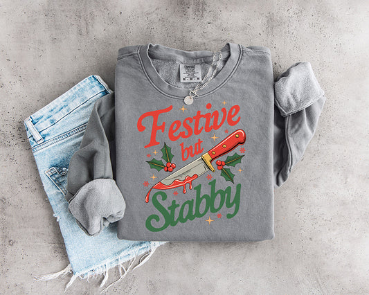 Festive But Stabby funny sarcastic Christmas DTF transfer with retro lettering holly and knife