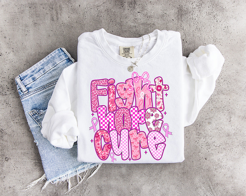 Fight Hope Cure breast cancer awareness DTF transfer with pink ribbons bows checkerboard leopard and floral patterns