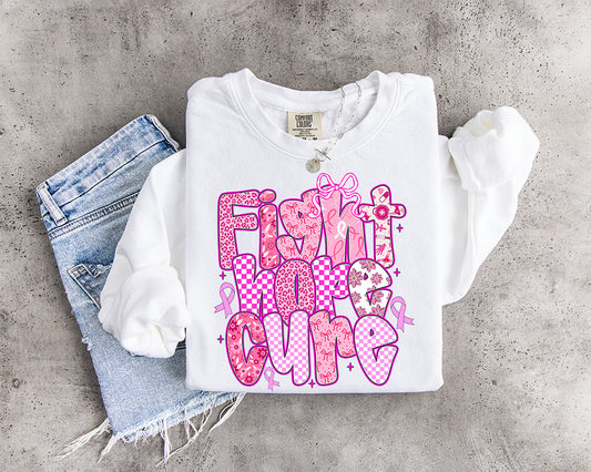 Fight Hope Cure breast cancer awareness DTF transfer with pink ribbons bows checkerboard leopard and floral patterns