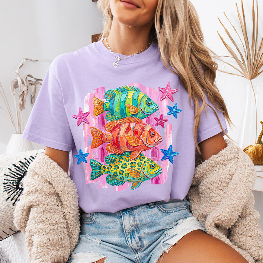 Vibrant Impasto Tropical Fish & Starfish Graphic