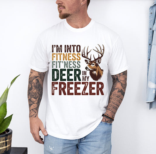 I’m Into Fitness Fit’n This Deer in My Freezer funny deer hunting DTF transfer with buck illustration