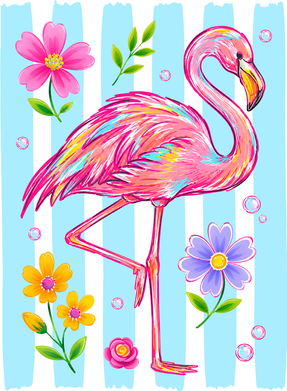 Vibrant Pink Flamingo Tropical Design - Bright Summer Flowers Graphic - Retro Striped Background