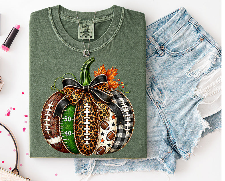 Football pumpkin DTF transfer with leopard print bow football field checkerboard and patchwork fall game day details