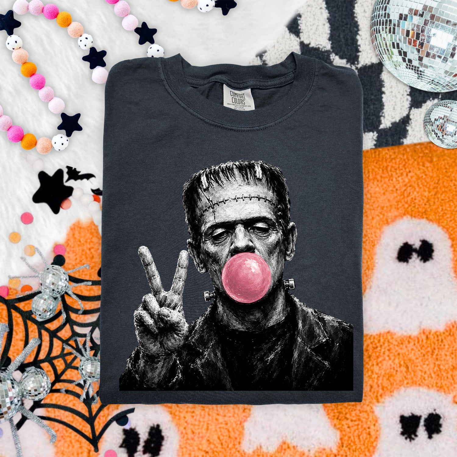 Classic monster Halloween DTF transfer with pink bubblegum and peace sign