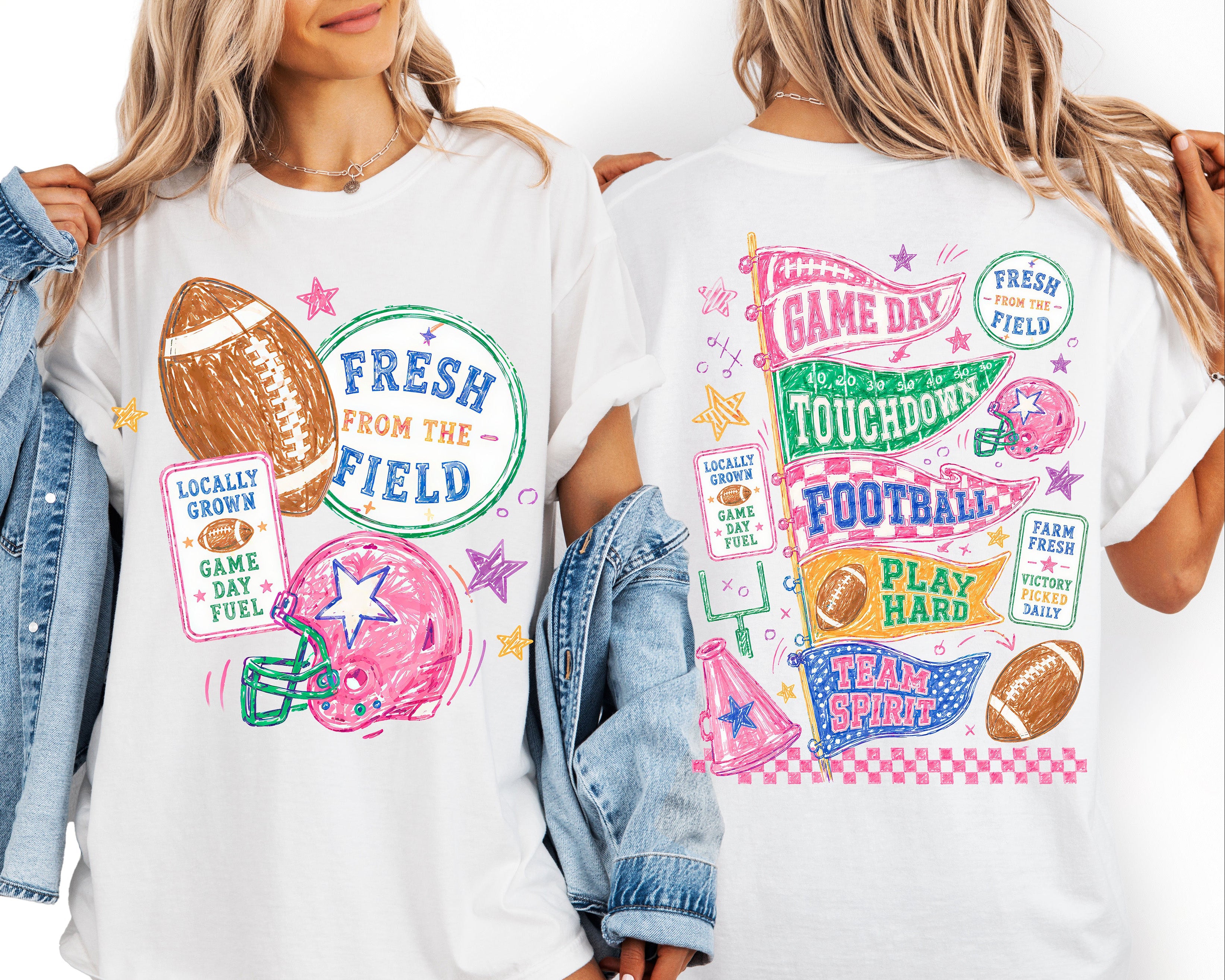 Football Game Day back DTF transfer with colorful Touchdown Football Play Hard and Team Spirit pennants