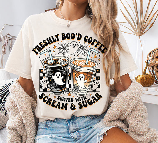 Freshly Boo'd Coffee Halloween DTF transfer with cute ghosts, iced coffee cups, spiderwebs, checkerboard accents and orange black details