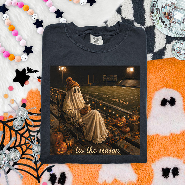Tis the Season Halloween ghost sitting at football stadium with pumpkins ready to press DTF transfer