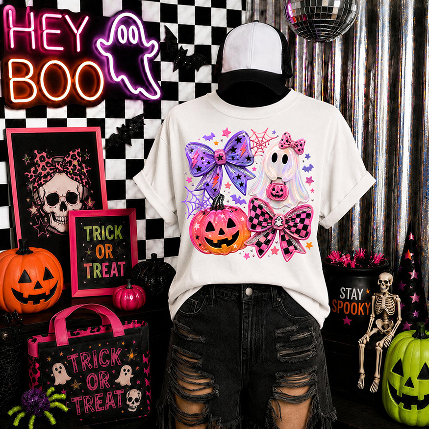Pink Coquette Ghost Halloween | Cute Bow & Pumpkin Pastel Spooky Design