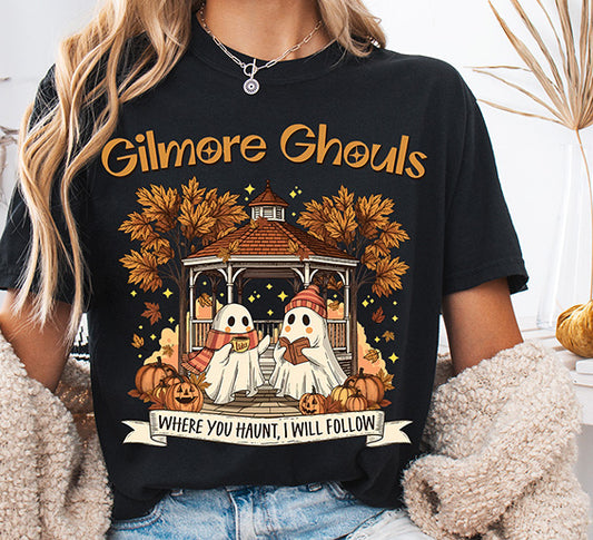 Gilmore Ghouls Halloween DTF transfer featuring two cozy ghosts with coffee and books surrounded by pumpkins and autumn trees with Where You Haunt I Will Follow lettering