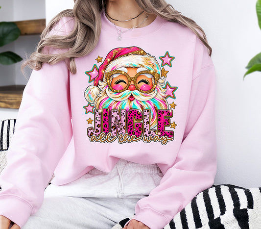 Jingle All the Way Santa DTF transfer with pink leopard lettering glitter look glasses and colorful Christmas stars