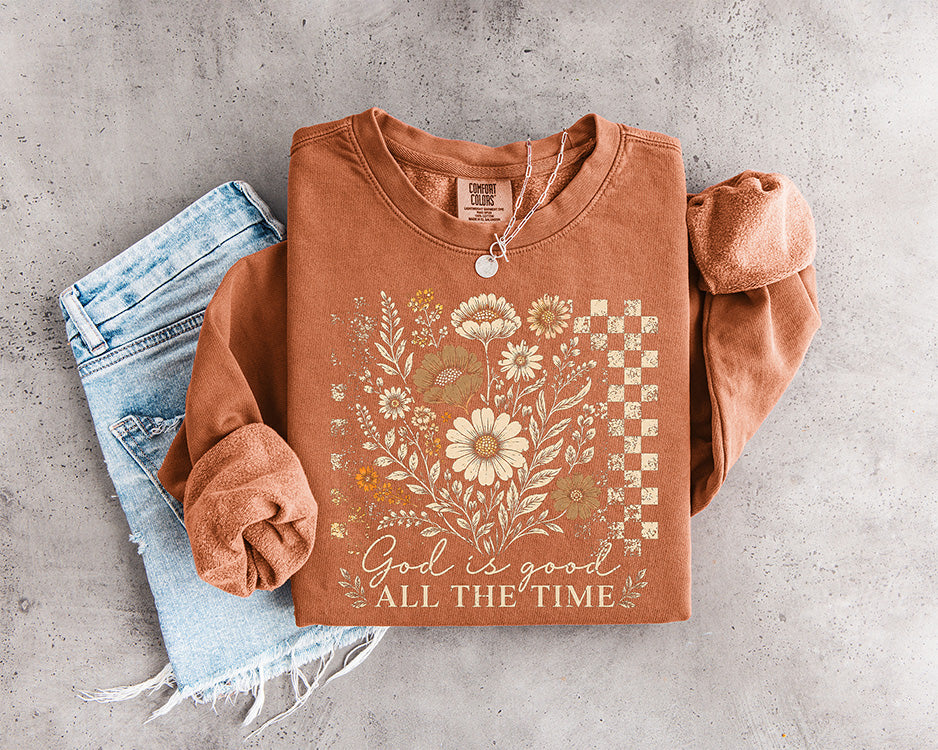 God Is Good All the Time Christian DTF transfer with vintage wildflowers, daisies and distressed checkerboard design