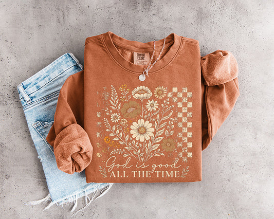 God Is Good All the Time Christian DTF transfer with vintage wildflowers, daisies and distressed checkerboard design