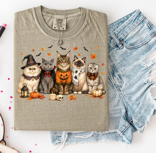 Halloween Cats DTF transfer featuring five cute cats dressed in witch vampire and pumpkin costumes surrounded by pumpkins bats and fall leaves
