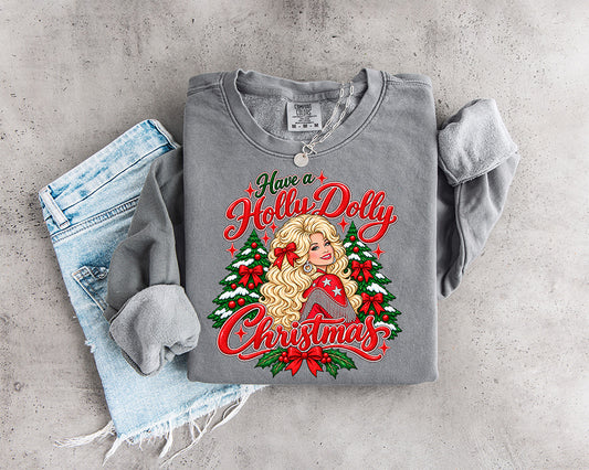 Holly Dolly Christmas DTF transfer with blonde country inspired character Christmas trees red bows holly and festive lettering
