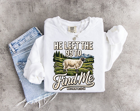 He Left the 99 to Find Me Christian DTF transfer inspired by Matthew 18:12-14 featuring a sheep in a mountain and countryside landscape