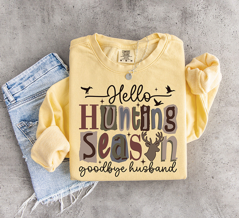 Hello Hunting Season Goodbye Husband funny hunting wife DTF transfer with deer silhouette and rustic fall typography