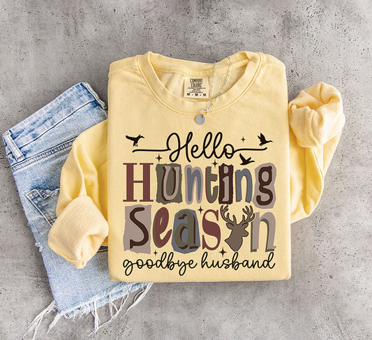 Hello Hunting Season Goodbye Husband funny hunting wife DTF transfer with deer silhouette and rustic fall typography