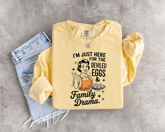 I'm Just Here for the Deviled Eggs and Family Drama DTF transfer with retro woman holding a tray of deviled eggs