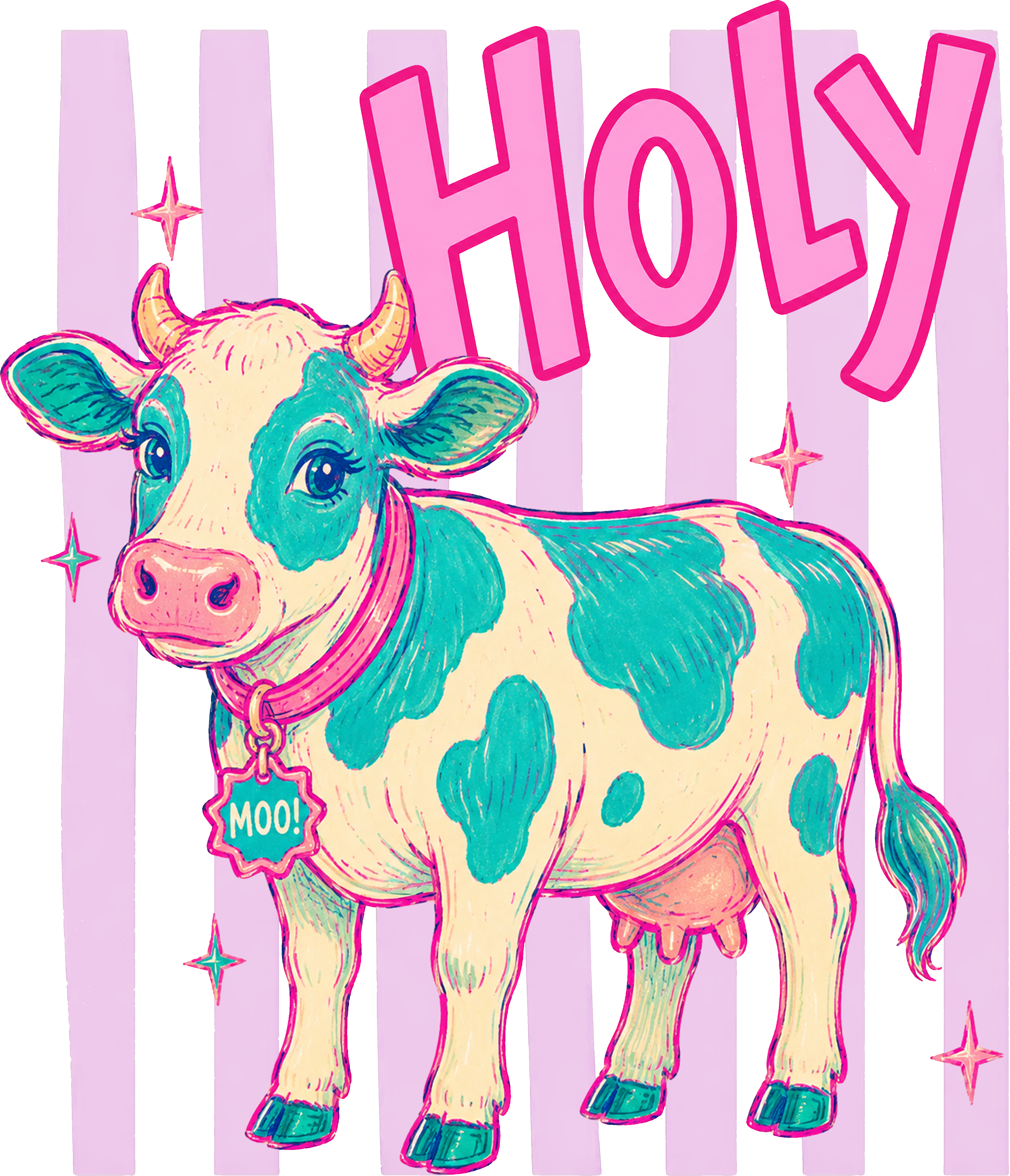 ink and Teal "Holy Cow" Retro Kawaii Aesthetic Illustration