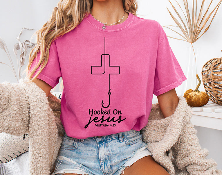 Hooked on Jesus Matthew 4:19 Christian DTF transfer featuring a cross formed with a fishing line and hook