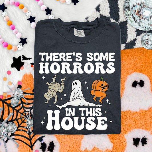 There's Some Horrors in This House DTF transfer with white text, dancing mummy, ghost and pumpkin Halloween characters