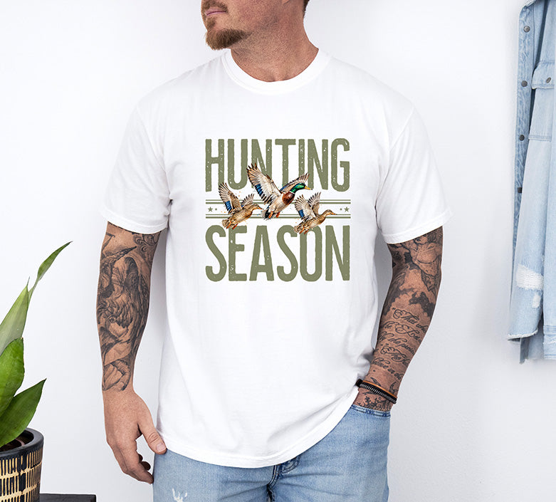 Duck Hunting Season DTF transfer featuring three flying mallard ducks with distressed olive green hunting season lettering