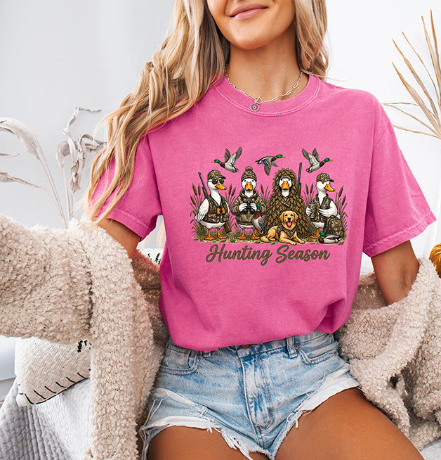Funny Hunting Season DTF transfer featuring dressed-up ducks and geese, flying waterfowl, hunting dog and cattails