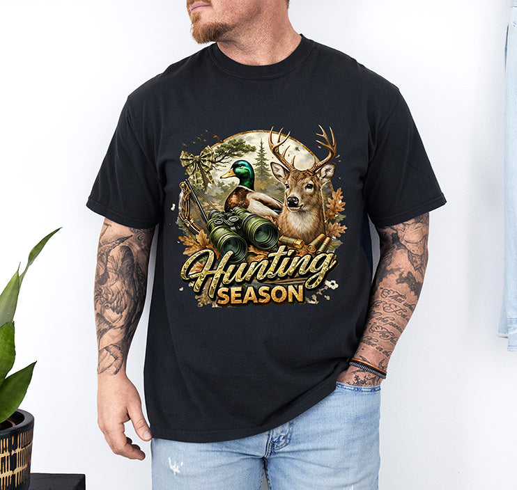 Hunting Season DTF transfer featuring whitetail deer mallard duck binoculars hunting gear and woodland scenery