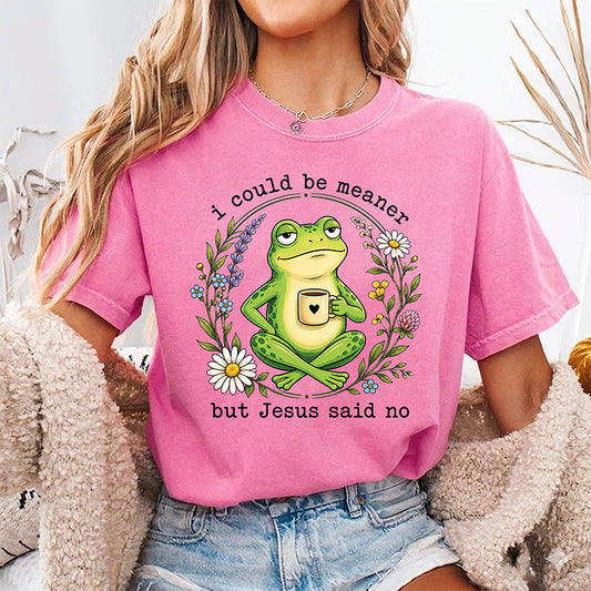 I Could Be Meaner But Jesus Said No Christian DTF transfer with funny green frog holding coffee surrounded by daisies lavender and wildflowers