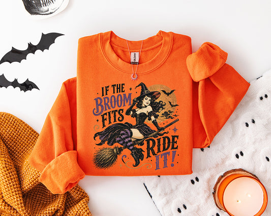 If the Broom Fits Ride It vintage Halloween witch riding broom DTF transfer