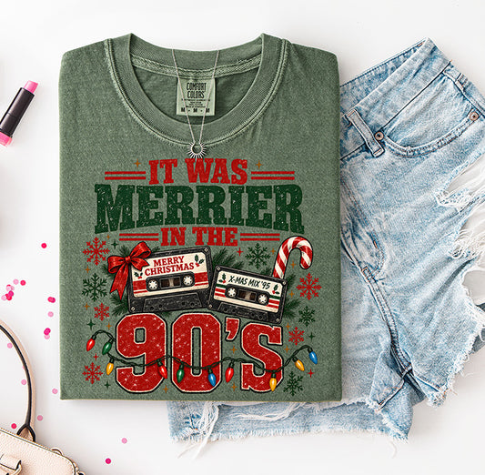 It Was Merrier in the 90s retro Christmas DTF transfer featuring cassette tapes colorful Christmas lights candy cane and vintage holiday graphics