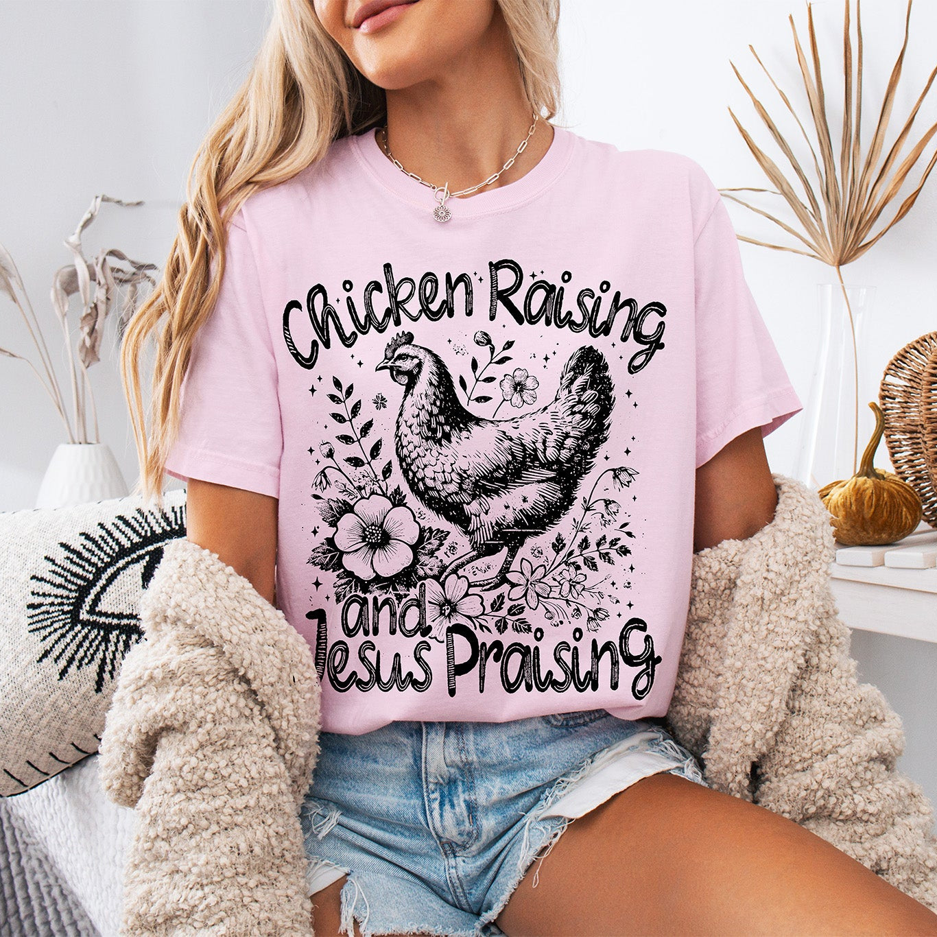 Chicken Raising and Jesus Praising T-Shirt | Farmhouse Faith Graphic Tee | Cute Chicken Mama Shirt | Cottagecore Floral Hen Top