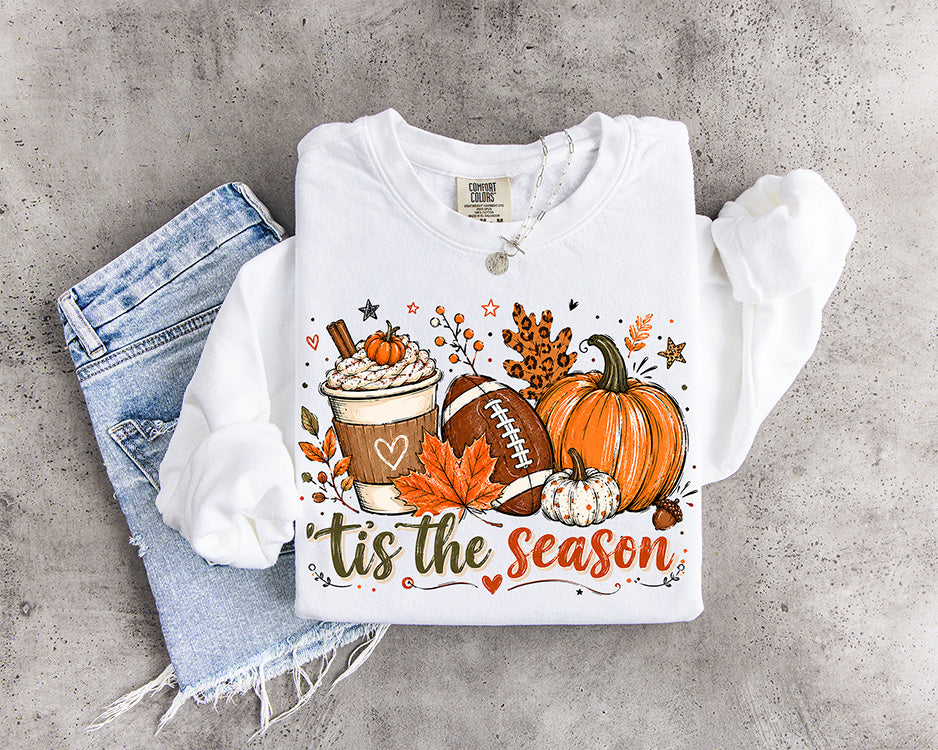 Tis the Season fall DTF transfer with pumpkin spice latte football orange pumpkins autumn leaves and leopard print accents
