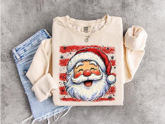 Vintage Santa Claus Christmas DTF transfer featuring smiling Santa with rosy cheeks, red distressed stripes and retro black starbursts