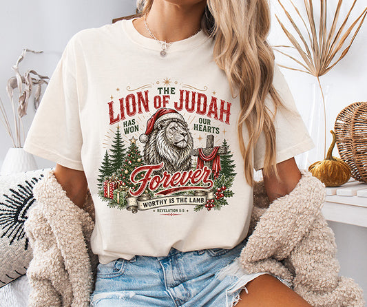 Lion of Judah Christian Christmas DTF transfer with Revelation 5:5 Worthy Is the Lamb Christmas trees gifts and holiday greenery