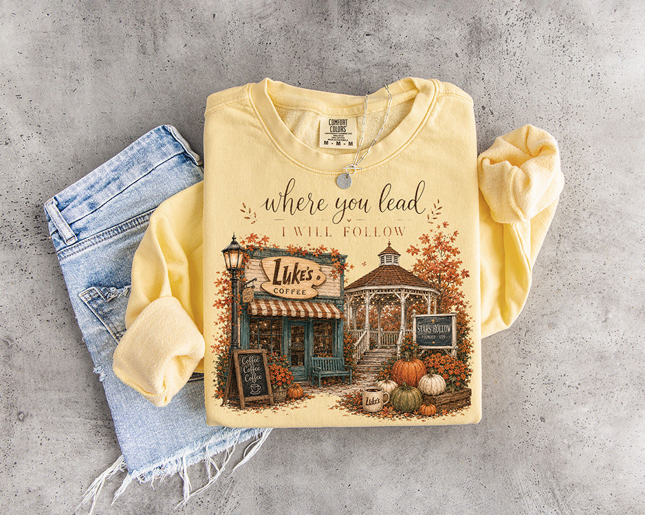 Where You Lead I Will Follow fall DTF transfer featuring Luke's Coffee, Stars Hollow gazebo, pumpkins and autumn leaves