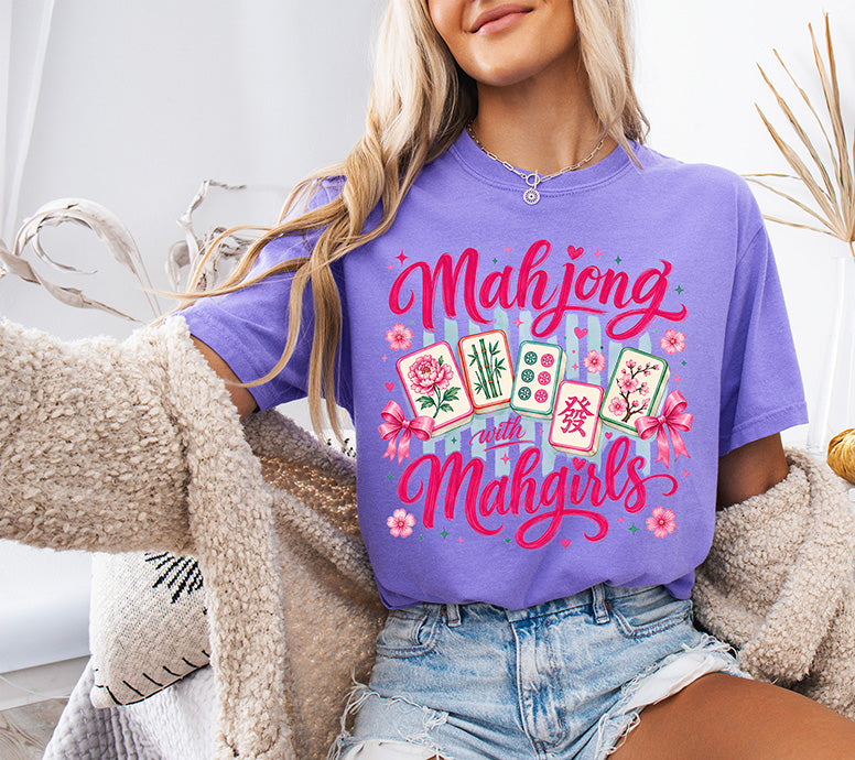Mahjong With My Girls DTF transfer with colorful Mahjong tiles, pink bows, flowers, hearts and bright feminine lettering