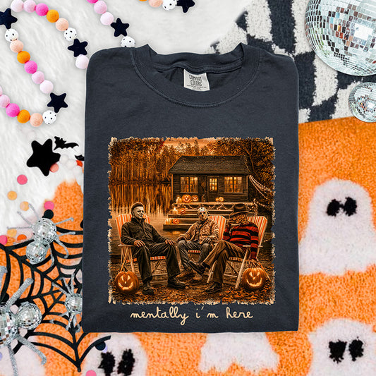 Mentally I'm Here horror Halloween DTF transfer with vintage cabin scene, slasher inspired characters and glowing jack o lanterns
