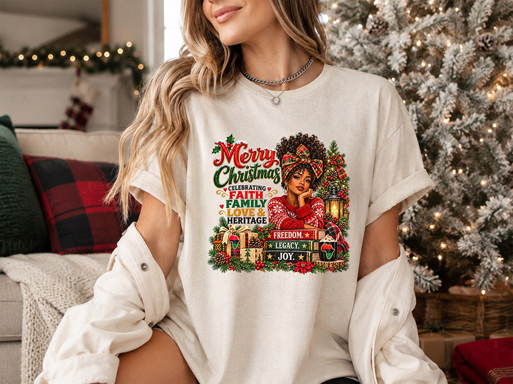 Merry Christmas DTF transfer featuring a Black woman with festive Christmas decorations and faith family love heritage message