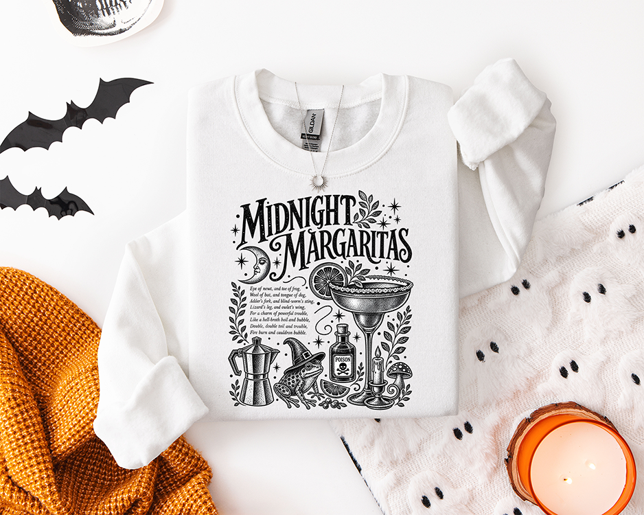 Midnight Margaritas witchy Halloween DTF transfer with vintage margarita glass, crescent moon, potion bottle, candle and botanical details available in black or white
