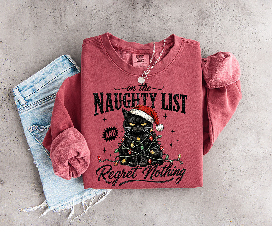 Naughty List Cat DTF Transfer | Funny Christmas Cat Regret Nothing Design